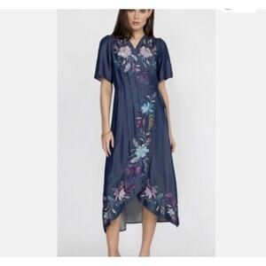Johnny Was Nico Floral Embroidered Midi Wrap Dress M Blue Chambray